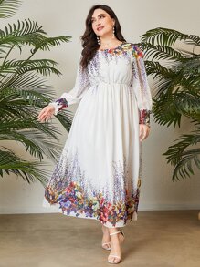 Mulvari Plus Floral Print Lantern Sleeve Dress - White - View 5