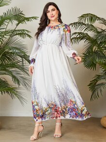 Mulvari Plus Floral Print Lantern Sleeve Dress - White - View 6