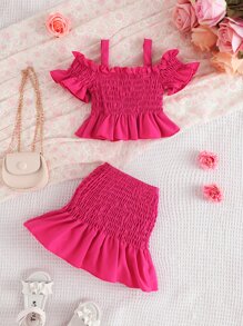 Toddler Girls Cold Shoulder Ruffle Trim Top & Skirt - Hot Pink - View 1