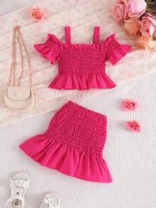 Toddler Girls Cold Shoulder Ruffle Trim Top & Skirt - Hot Pink - View 2