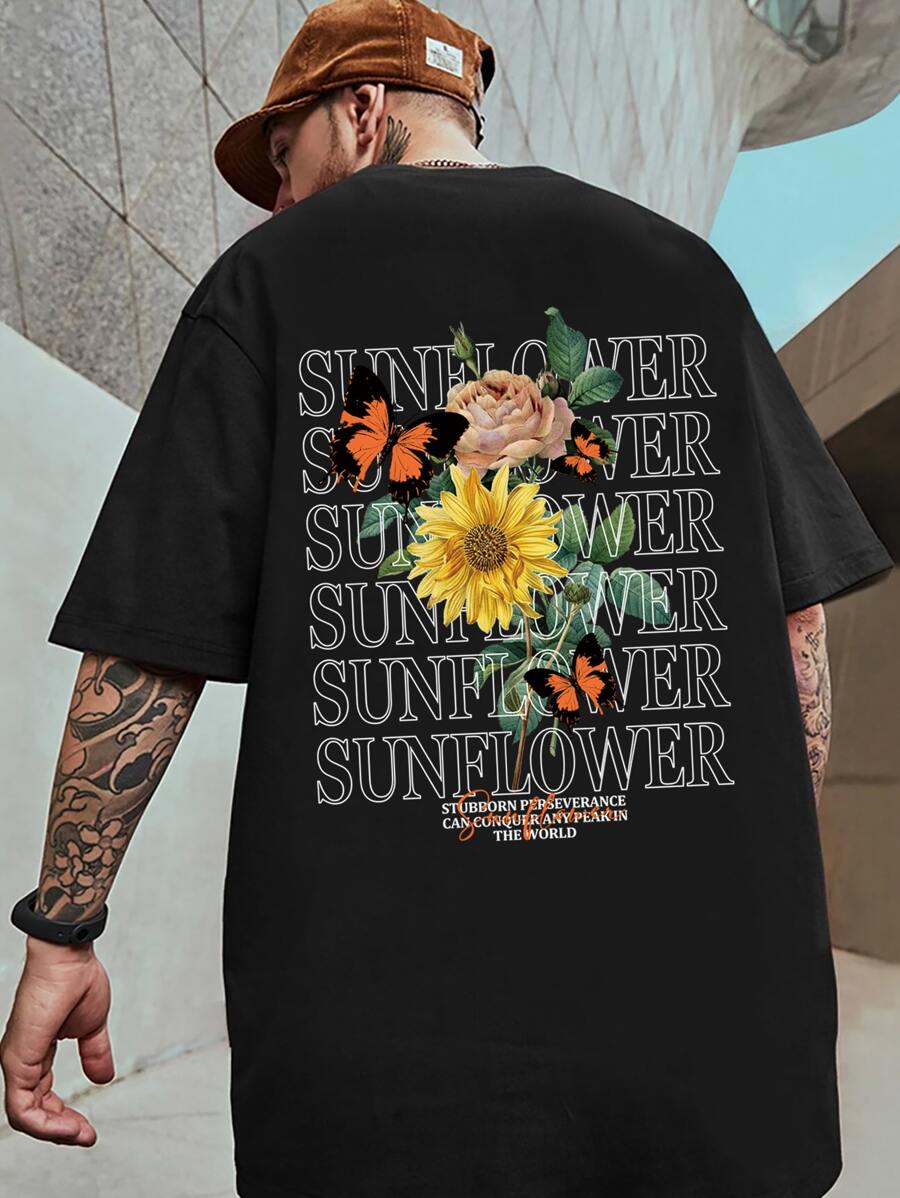 Manfinity Roghcode 男士花卉和字母圖案T恤 - 黑色 - 查看 1