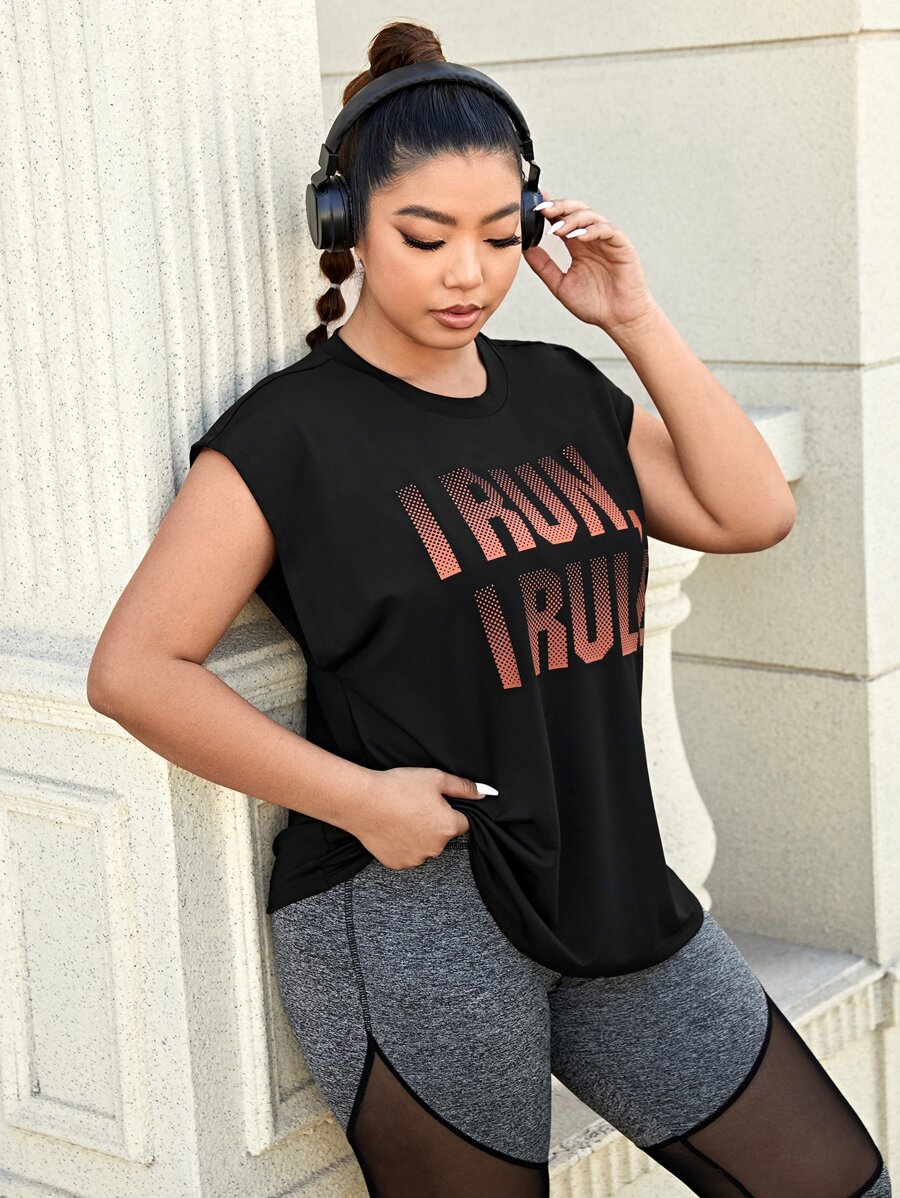 Plus Slogan Graphic Sports Tee - Black - View 1