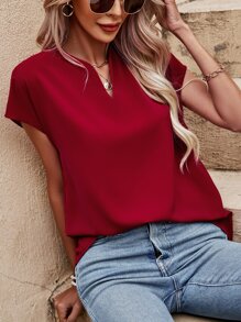 SHEIN LUNE Blusa unicolor de manga murciélago - Burdeos - Ver 6