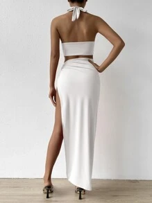 Zolique O-ring Cut Out Tie Backless Split Thigh Halter Dress - White - View 2