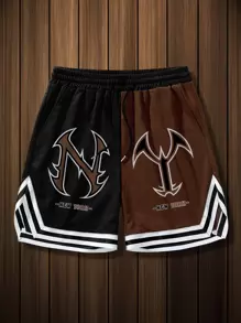 Aesthetic Post Sporsity寬鬆版型男士雙色字母圖案條邊束腰籃球短褲運動休閒款 - 彩色 - 查看 1