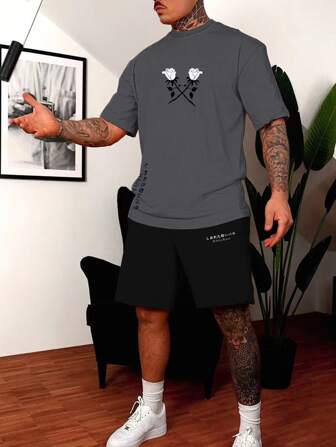 Männer T-Shirt mit Blume & japanisch Schriftzeichen Grafik, & Shorts mit Tunnelzug