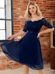 MIUSOL Off Shoulder Lace Bodice Dress - Navy Blue - View 2