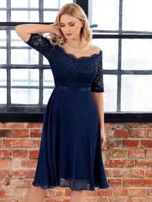 MIUSOL Off Shoulder Lace Bodice Dress - Navy Blue - View 6