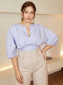 大碼缺口領蝙蝠袖襯衫 - 淺藍色 - 查看 1