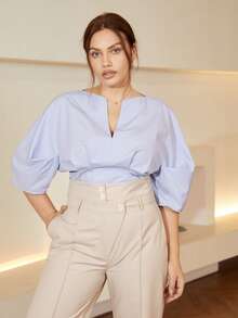 大碼缺口領蝙蝠袖襯衫 - 淺藍色 - 查看 3