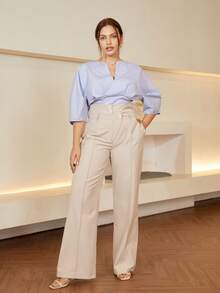 大碼缺口領蝙蝠袖襯衫 - 淺藍色 - 查看 4