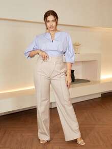 大碼缺口領蝙蝠袖襯衫 - 淺藍色 - 查看 5