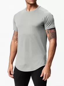 Manfinity Fitness Men Solid Curved Hem Sports Tee Workout Tops Basic T Shirt - Light Grey - View 1