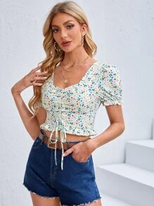ViktoriiavkArt Floral Puff Sleeve Drawstring Ruffle Trim Top - Multicolor - View 3
