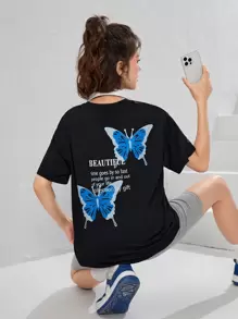 SHEIN 青少年女孩蝴蝶和標語圖案T恤