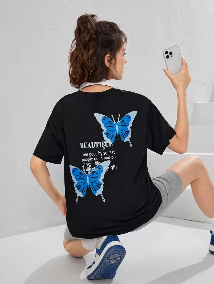SHEIN 青少年女孩蝴蝶和標語圖案T恤