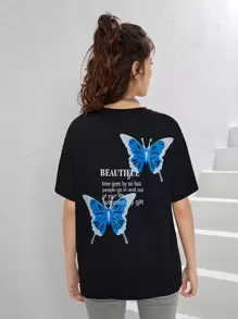 SHEIN 青少年女孩蝴蝶和標語圖案T恤