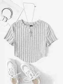 SHEIN EZwear 素色頭巾下擺短款T恤 - 淺灰色 - 查看 1