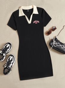SHEIN EZwear Đầm Tương phản ren Lá thư Giải trí - màu đen - Xem 1