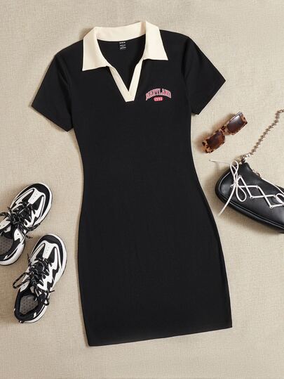 SHEIN EZwear 字母圖案拼接領緊身連衣裙