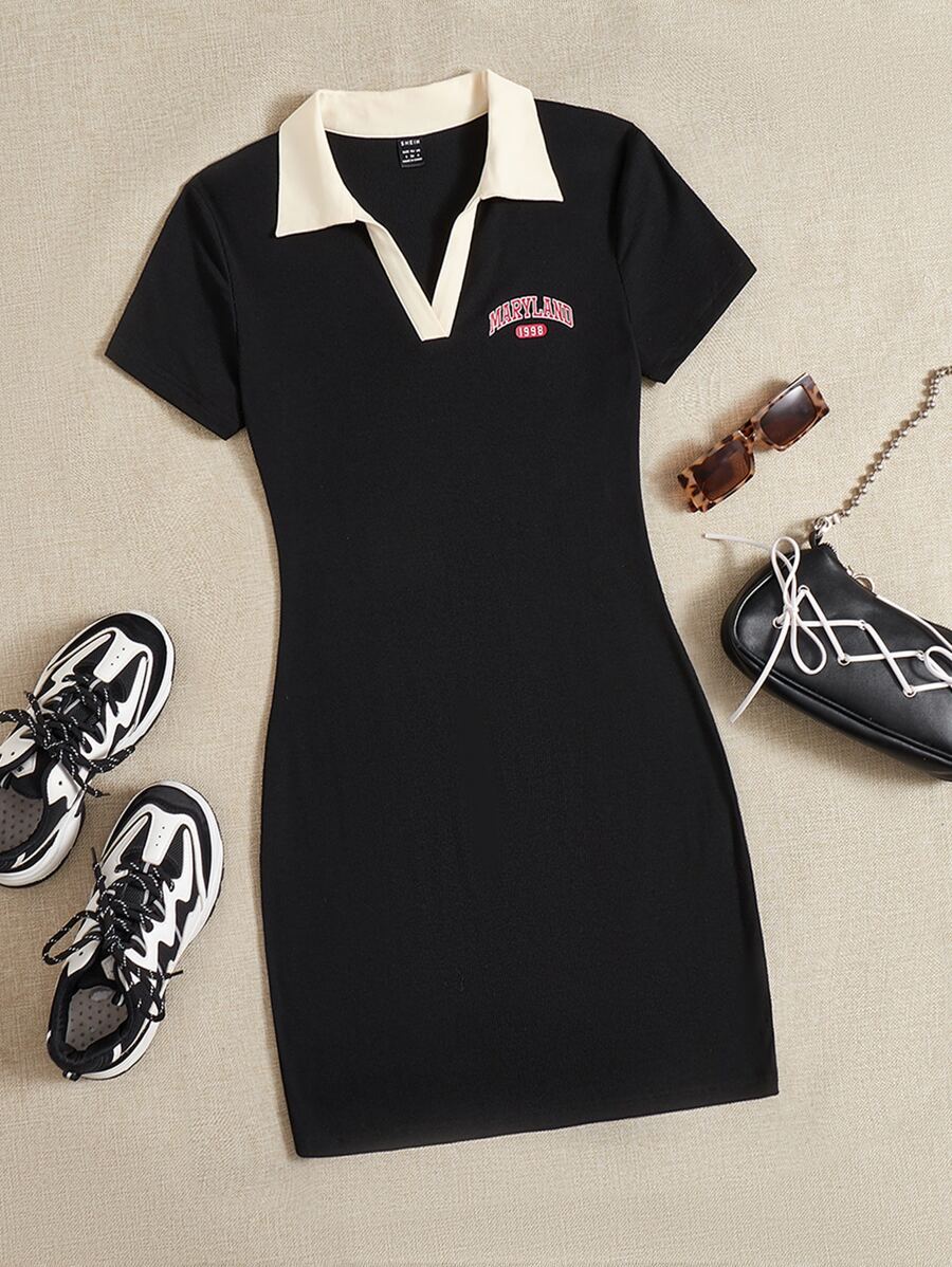 SHEIN EZwear Đầm Tương phản ren Lá thư Giải trí - màu đen - Xem 1