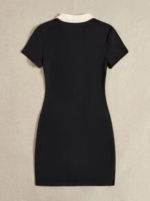 SHEIN EZwear Đầm Tương phản ren Lá thư Giải trí - màu đen - Xem 2