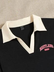 SHEIN EZwear Đầm Tương phản ren Lá thư Giải trí - màu đen - Xem 3