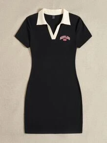 SHEIN EZwear Đầm Tương phản ren Lá thư Giải trí - màu đen - Xem 4