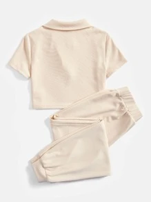 SHEIN EZwear Bộ đồ hai mảnh nữ màu trơn Giải trí - Màu be - Xem 2