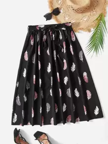 SHEIN Clasi 大碼羽毛印花腰帶半身裙 - 彩色 - 查看 1