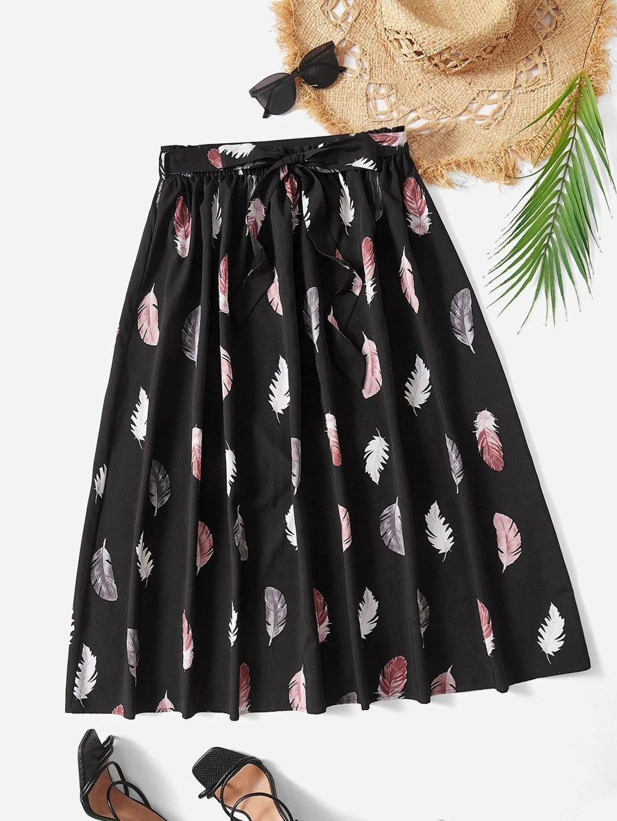 SHEIN Clasi 大碼羽毛印花腰帶半身裙 - 彩色 - 查看 1