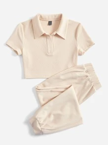 SHEIN EZwear Bộ đồ hai mảnh nữ màu trơn Giải trí - Màu be - Xem 6