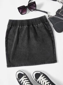 SHEIN EZwear Váy denim nữ màu trơn - màu đen - Xem 1