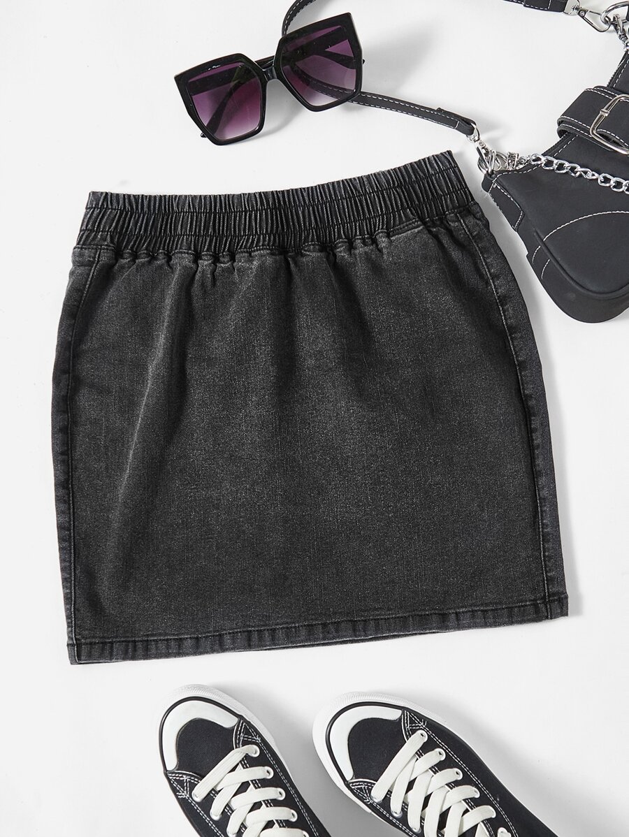 SHEIN EZwear Váy denim nữ màu trơn - màu đen - Xem 1