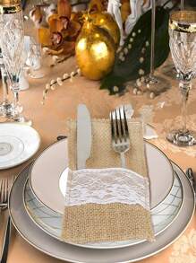 2pcs/set Beige Flatware Storage Bag, European Style Fiber Lace Panel Tableware Storage Bag For Kitchen