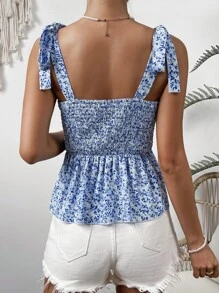 Soleia 碎花肩上打結花邊下擺上衣 - 藍白色 - 查看 2