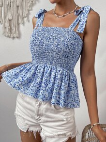 Soleia 碎花肩上打結花邊下擺上衣 - 藍白色 - 查看 3