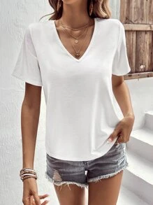 SHEIN LUNE Áo thun nữ Tương phản ren Buộc lại màu trơn Giải trí - trắng - Xem 2