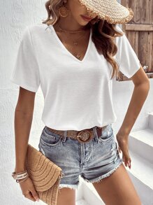 SHEIN LUNE Áo thun nữ Tương phản ren Buộc lại màu trơn Giải trí - trắng - Xem 3