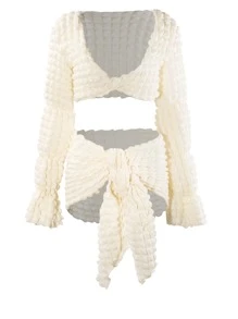 Solid Flounce Sleeve Crop Top & Knot Front Skirt - Apricot - View 1