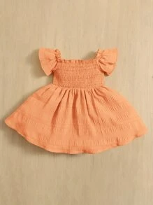 SHEIN Vestido unicolor Con Volantes Para Niña Recién Nacida - Naranja Coral - Ver 2