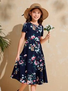 SHEIN Leap Crew Tween Girl Short Sleeve Knitted Round Neck Printed A-Line Dress - Navy Blue - View 1