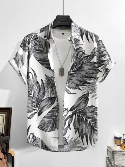 Camicia stampata tropicale da uomo senza maglietta, camicia grafica con bottoni a manica corta, vacanza al mare, abbinabile in famiglia