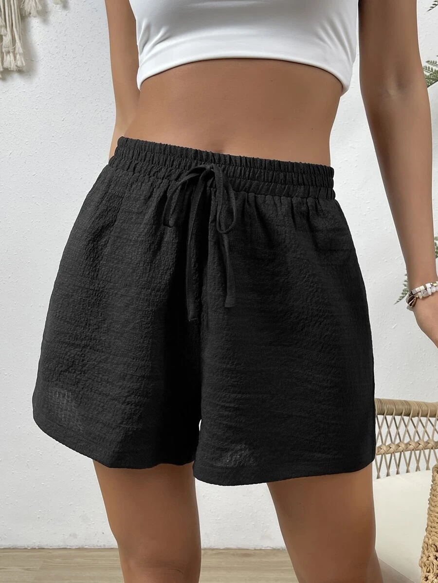 SHEIN VCAY Solid Knot Waist Wide Leg Shorts - Black - View 1