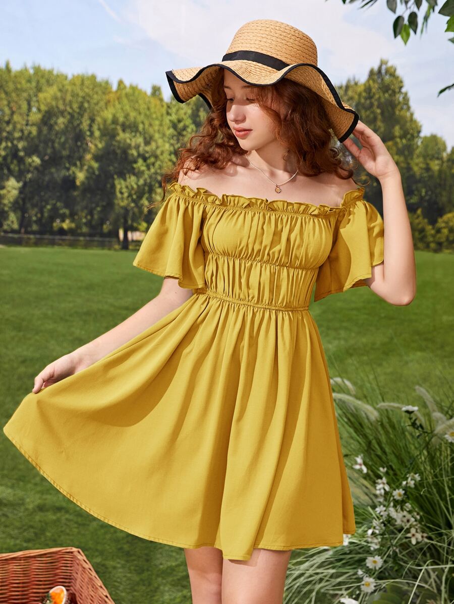 SHEIN Teen Girls Off Shoulder Frill Trim Ruched Bust Dress - Mustard Yellow - View 1