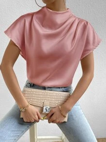 Chiquease 小高領蝙蝠袖緞面襯衫 - 粉色 - 查看 5