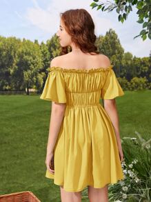SHEIN Teen Girls Off Shoulder Frill Trim Ruched Bust Dress - Mustard Yellow - View 2