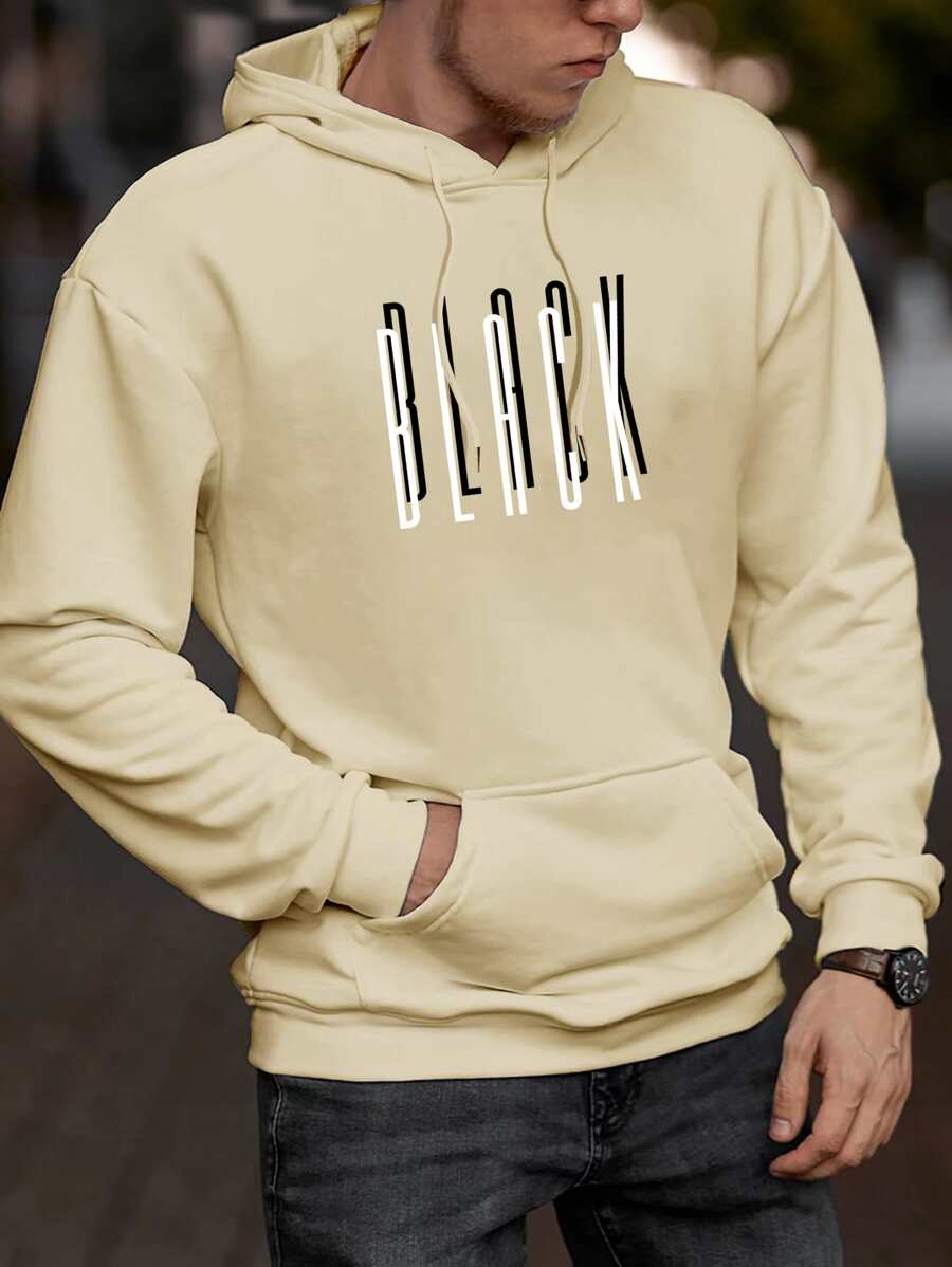 Manfinity Men Letter Graphic Kangaroo Pocket Drawstring Hoodie - Khaki - View 1