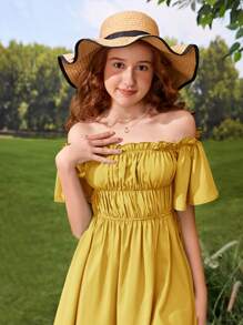 SHEIN Teen Girls Off Shoulder Frill Trim Ruched Bust Dress - Mustard Yellow - View 5