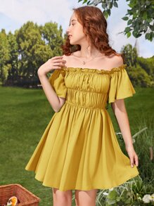 SHEIN Teen Girls Off Shoulder Frill Trim Ruched Bust Dress - Mustard Yellow - View 6